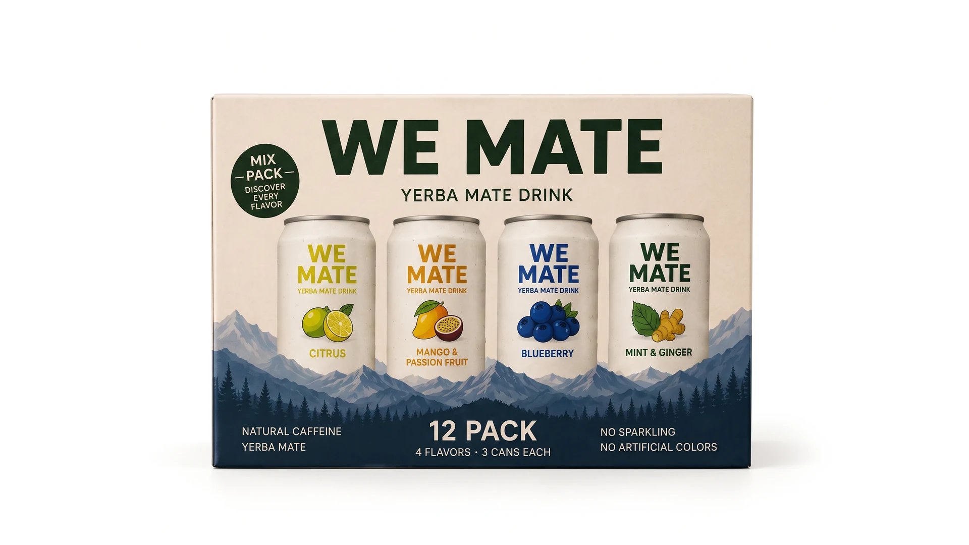 We Mate 12-pack box with all four flavours