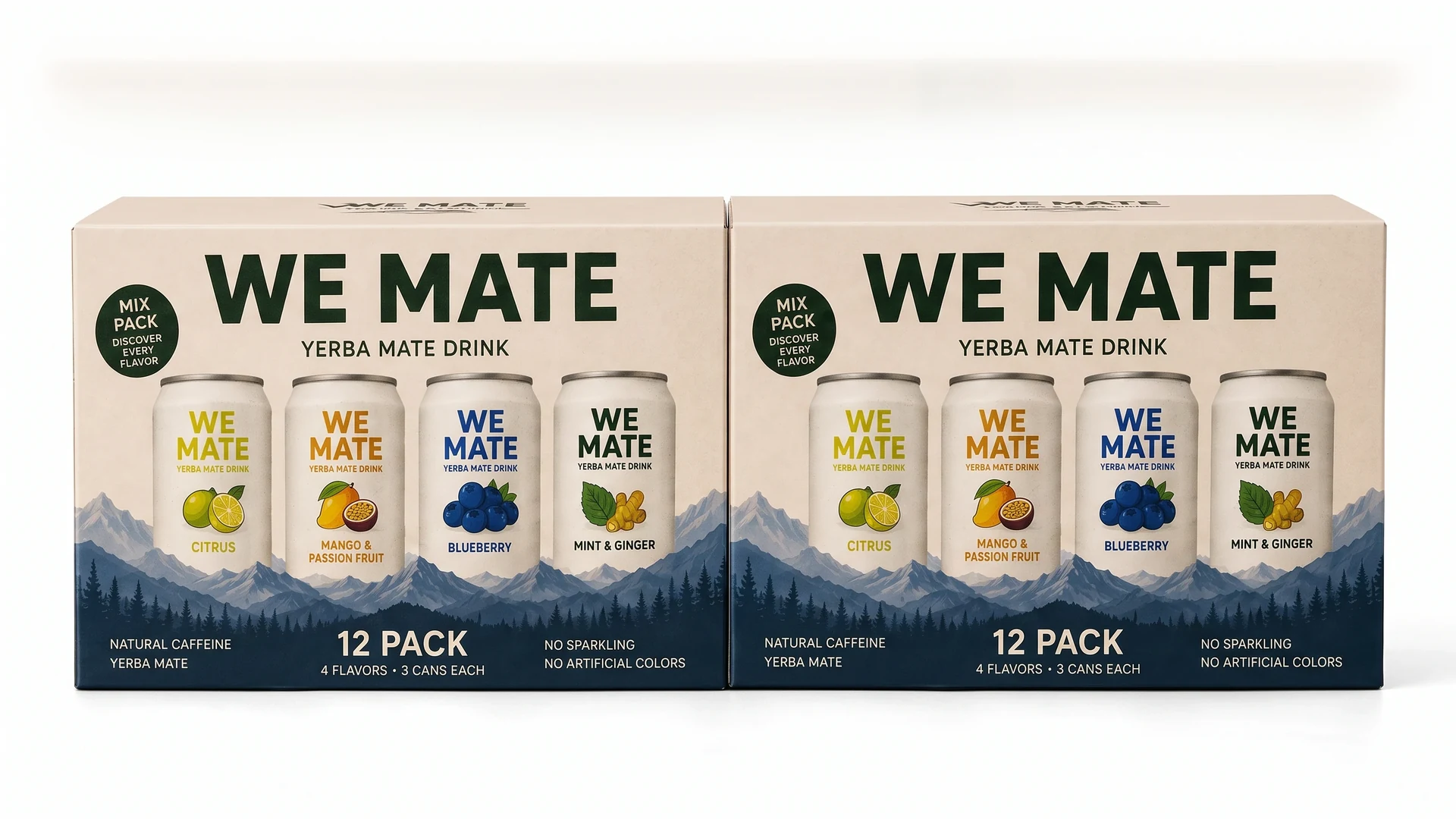 The two boxes of the We Mate 24-pack (2 × 12 cans)